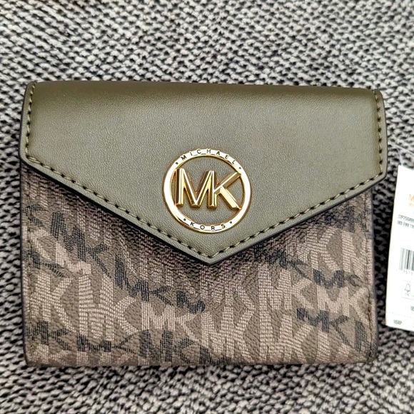 Michael Kors Olive Green Trifold Wallet with Gold Hardware MK logo NWT - Picture 2 of 7